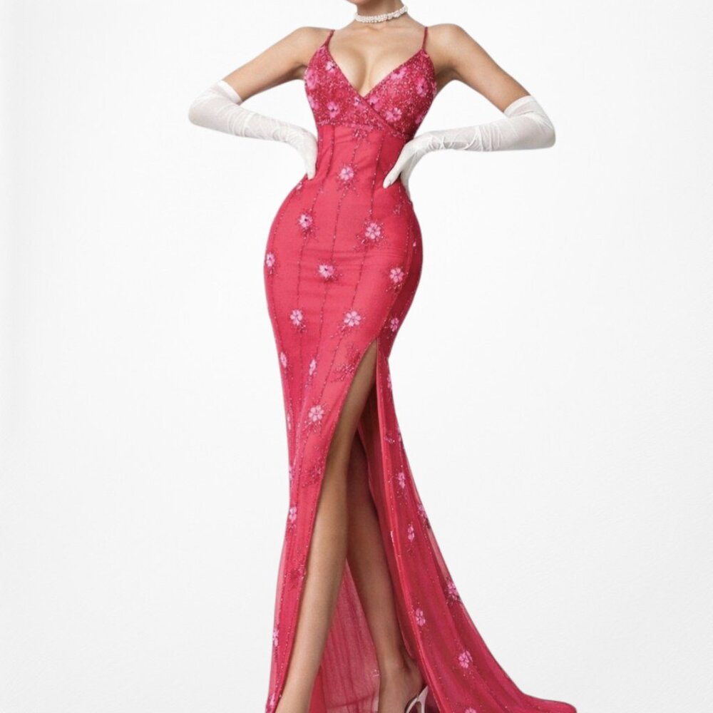 Vintage Pink Floral Beaded Silk Double Side Slit Maxi Babydoll Prom Dress S/M